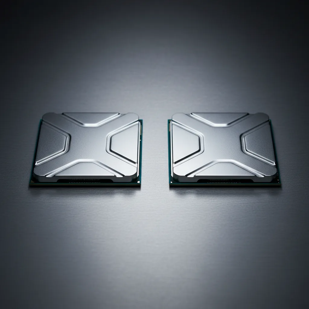Les deux processeurs Ryzen 9 9950X3D et Intel Core Ultra 9 285K côte à côte sur un banc de test