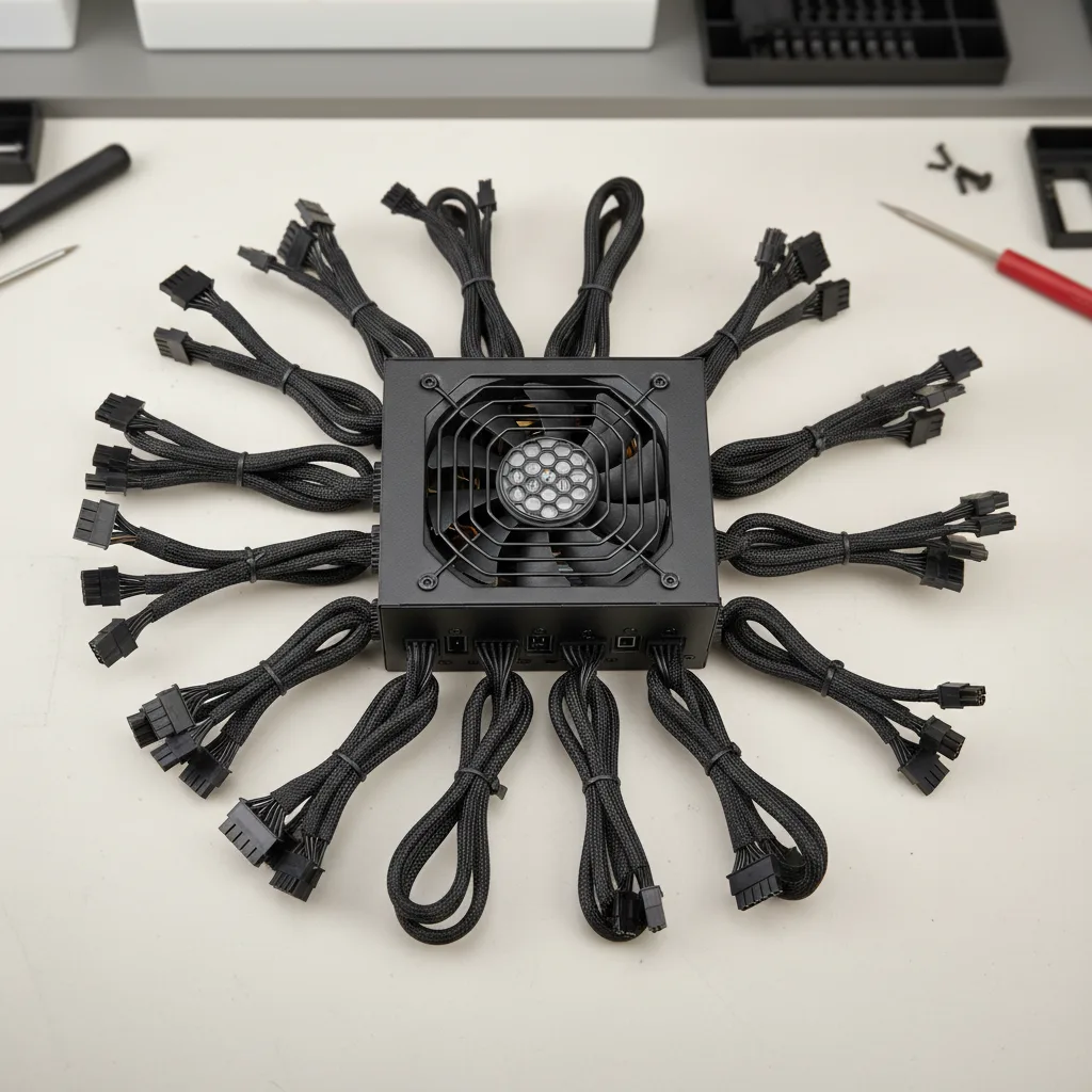 Alimentation PC modulaire avec ses câbles détachés posée sur un bureau