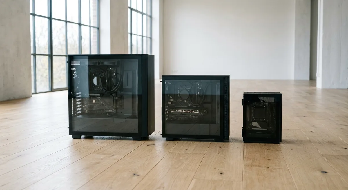 Trois boîtiers PC de formats ATX, micro-ATX et Mini-ITX côte à côte pour comparaison