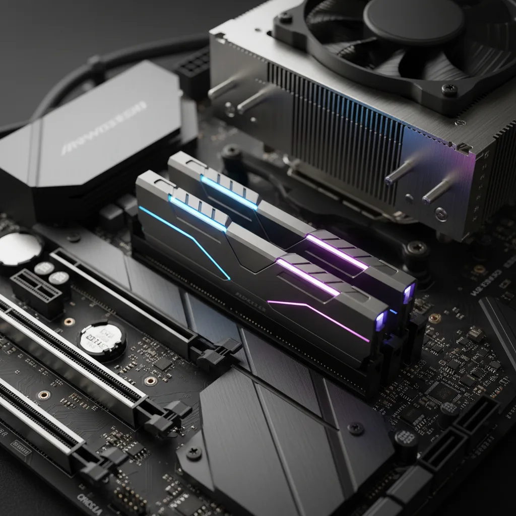 Deux barrettes de RAM DDR5 dans un kit gamer, posées sur une carte mère AM5