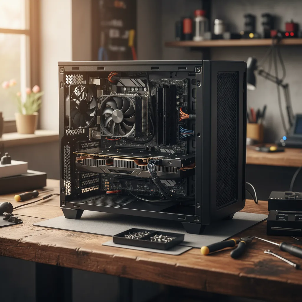 Tour PC gamer montée ouverte sur l'établi, carte mère visible avec GPU et ventirad installés