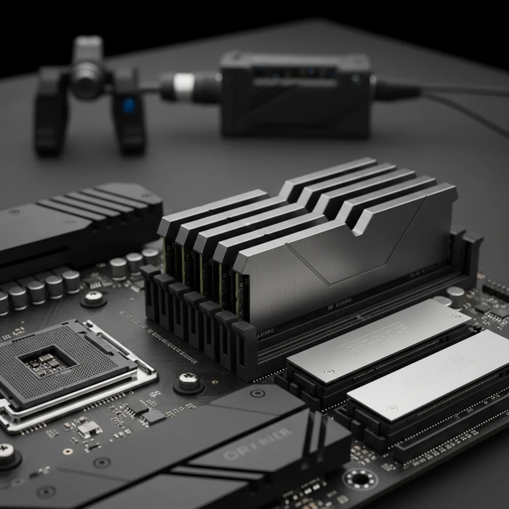 Barrettes de RAM DDR5 sur une carte mère, dissipateurs visibles sous éclairage studio