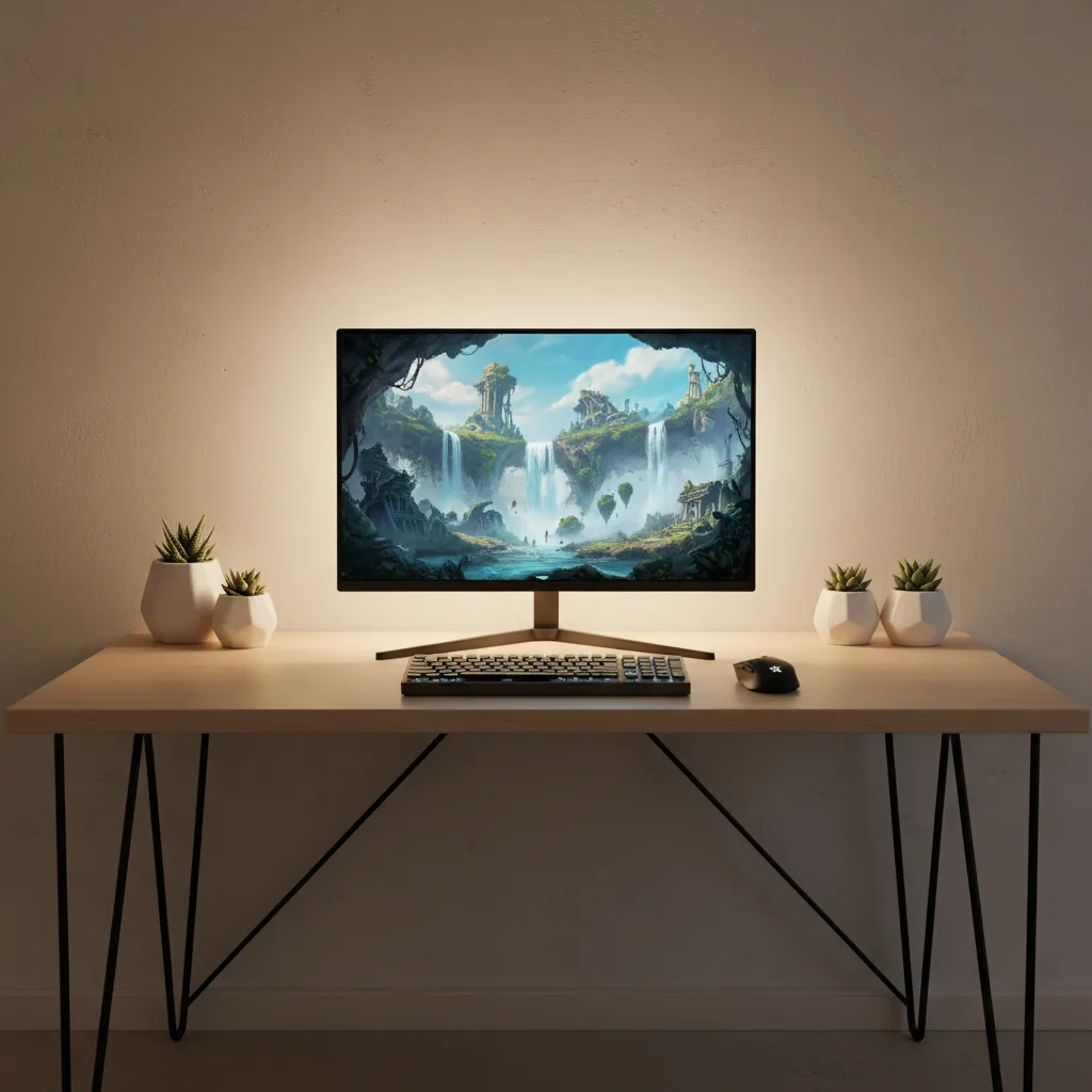 Écran 27 pouces 1440p gaming sur un bureau bien rangé avec un jeu en cours