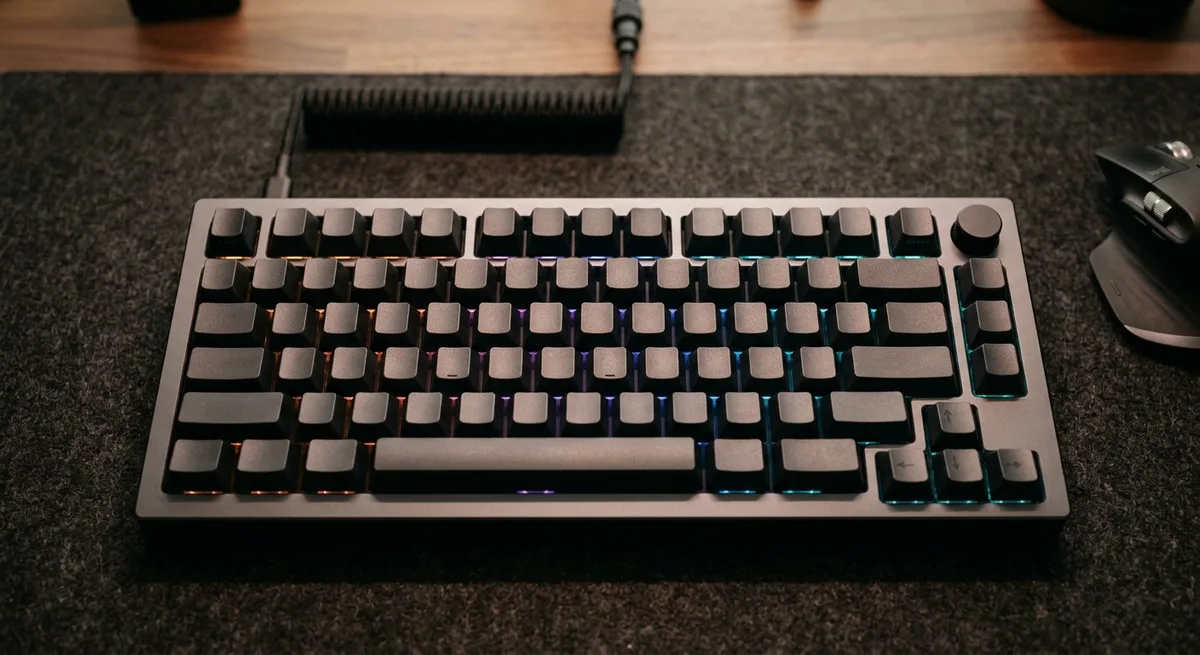 Clavier mécanique éclairé RGB avec switches visibles, posé sur un tapis de souris sombre