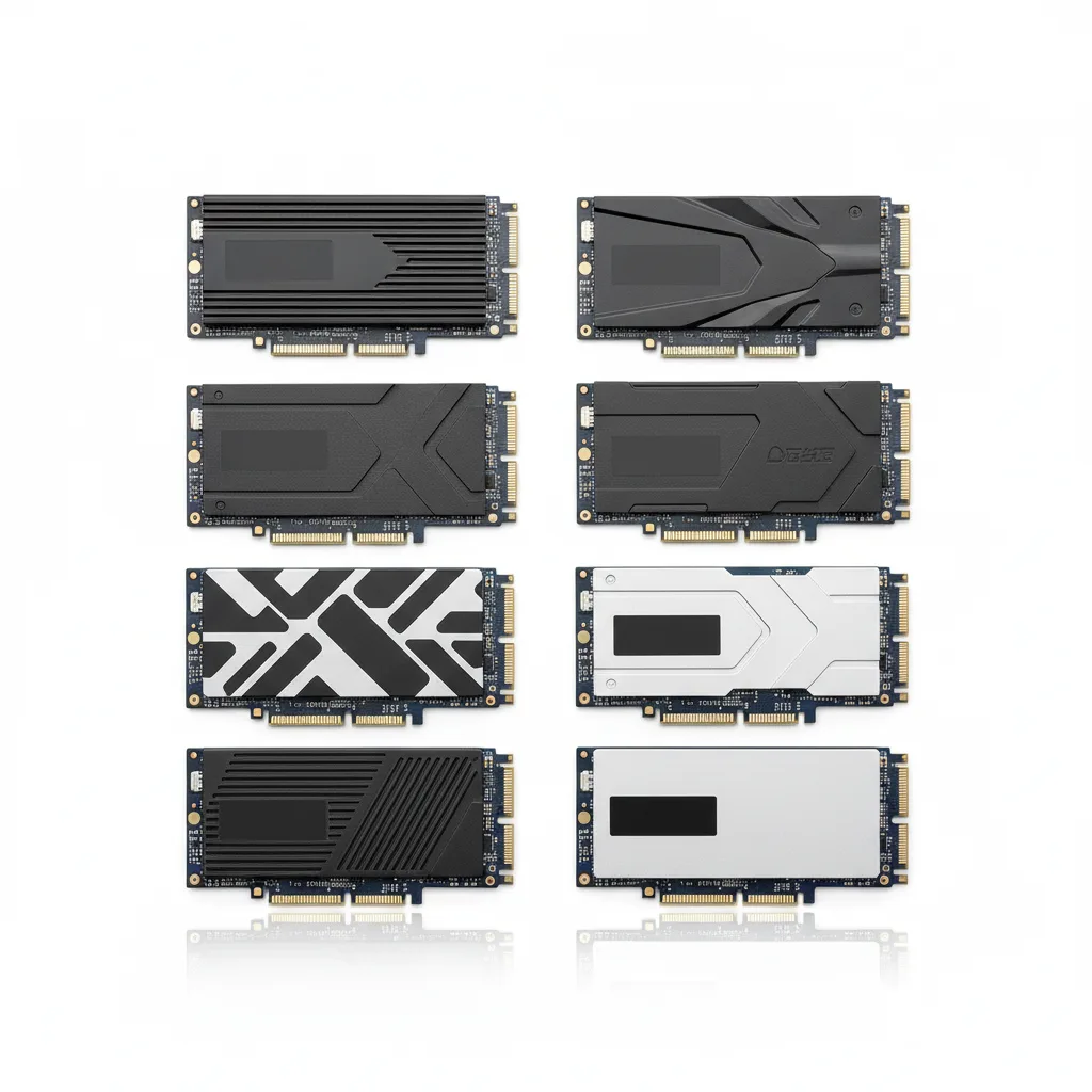 Huit SSD NVMe 2 To posés sur un bureau, étiquettes visibles