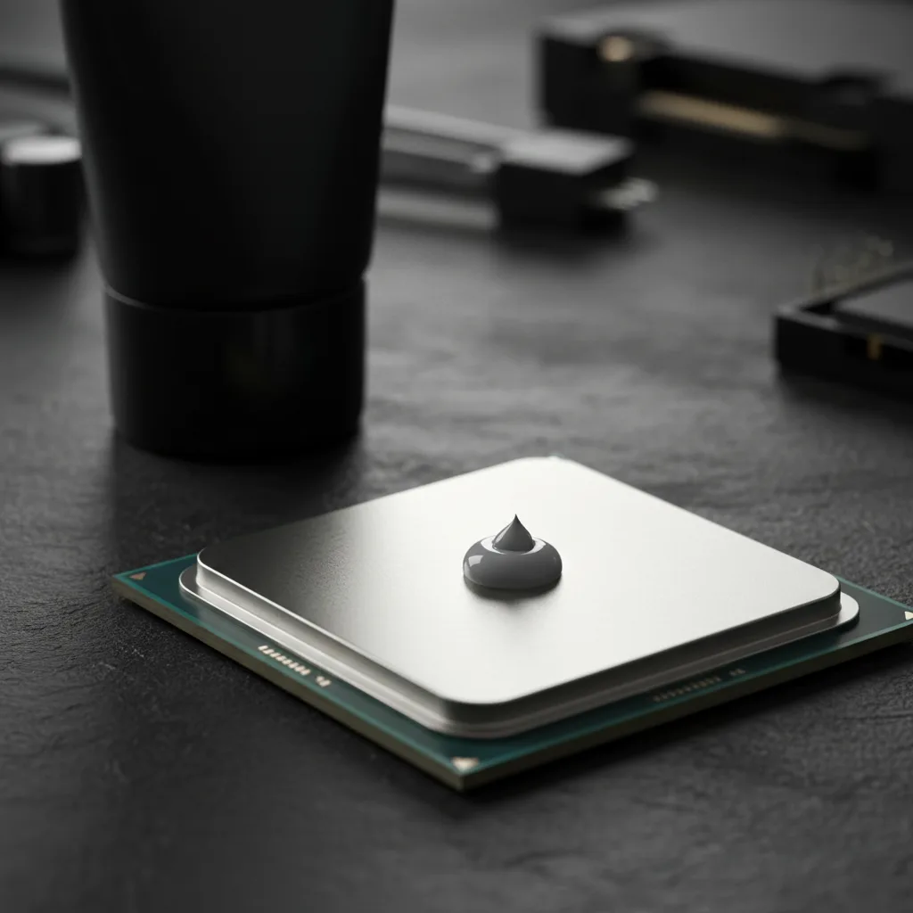 Tube de pâte thermique Noctua NT-H2 posé près d'un CPU AM5 avec application de pâte en points