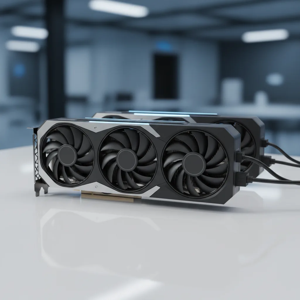 Carte graphique RTX 5080 et Radeon RX 9070 XT côte à côte sur un banc de test