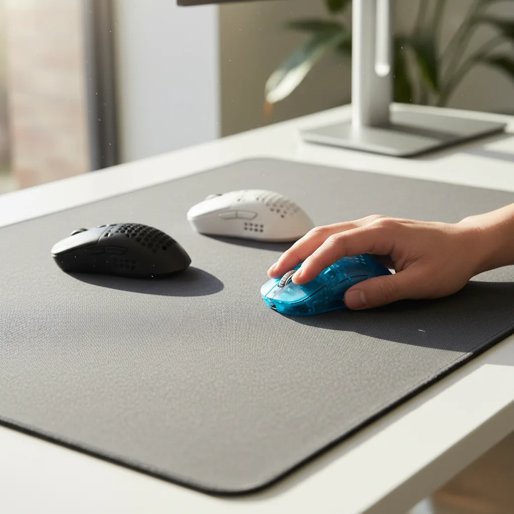 Trois souris gaming légères posées sur un tapis large avec une main démontrant différentes prises