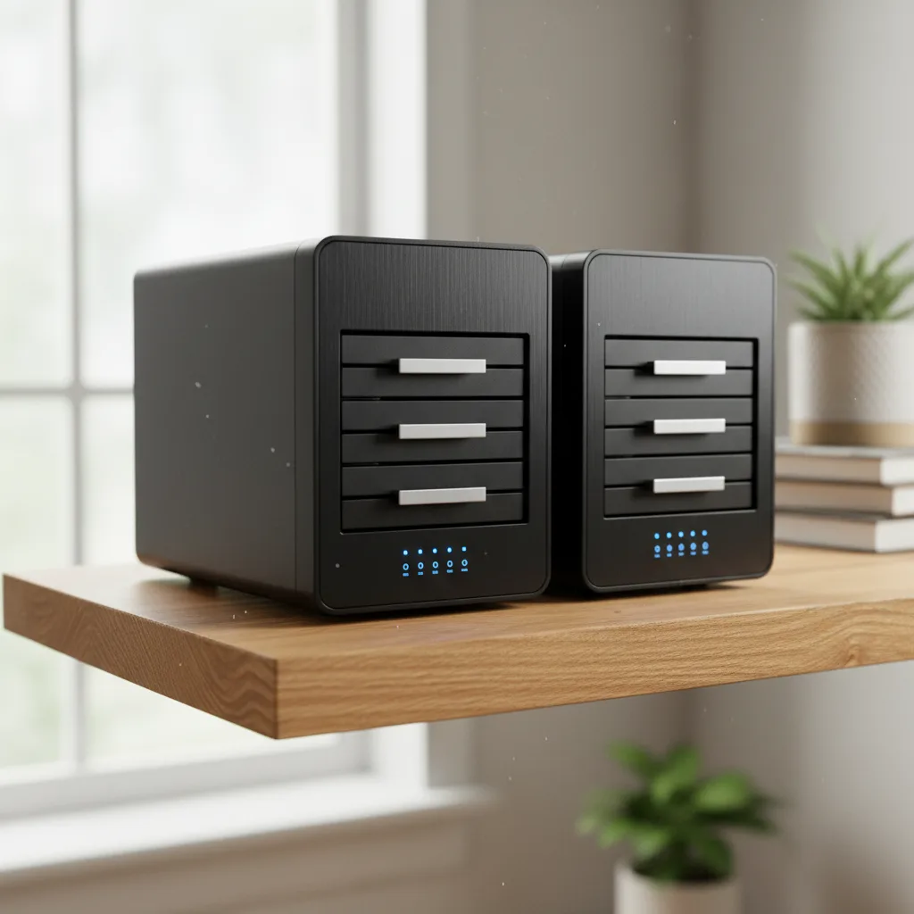 NAS Synology et QNAP côte à côte sur une étagère, disques visibles