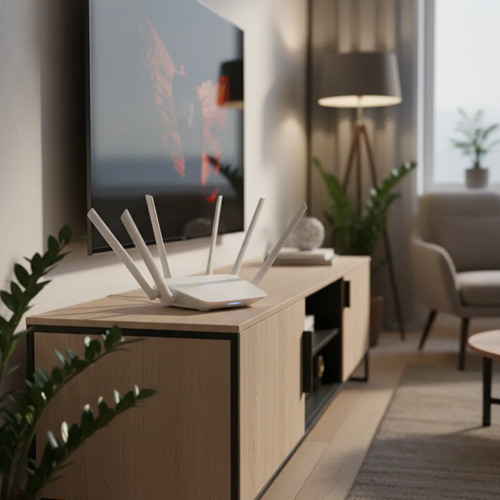 Routeur WiFi 7 avec six antennes externes, posé sur un meuble TV moderne